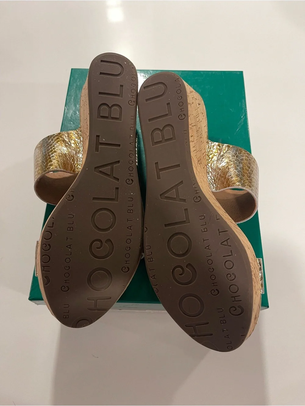 Chocolat Blu Wilder Metallic Bronze Gold Croc-Embossed Double Strap Wedge Slides